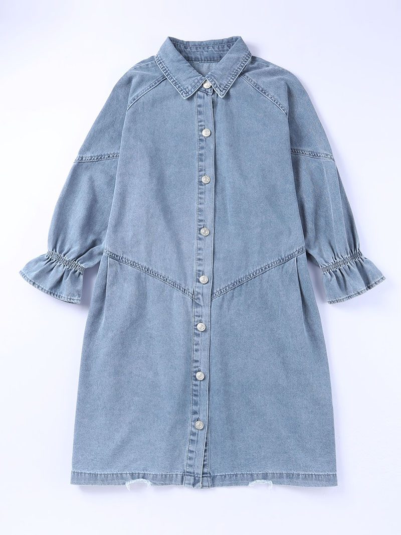 Sky Blue Buttoned Long Sleeve Denim Mini Dress