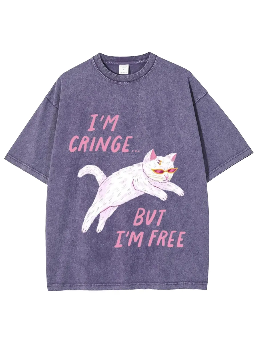 IM FREE UNISEX OVERSIZED PRINT VINTAGE WASH DENIM T-SHIRT