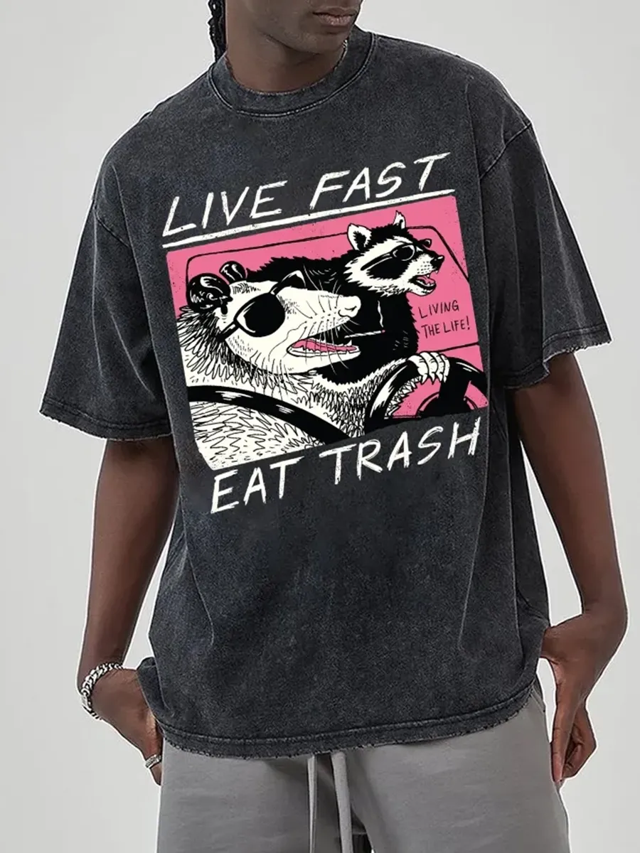 LIVE FAST EAT TRASH UNISEX PRINTED RETRO WASHED SHORT SLEEVED T-SHIRT