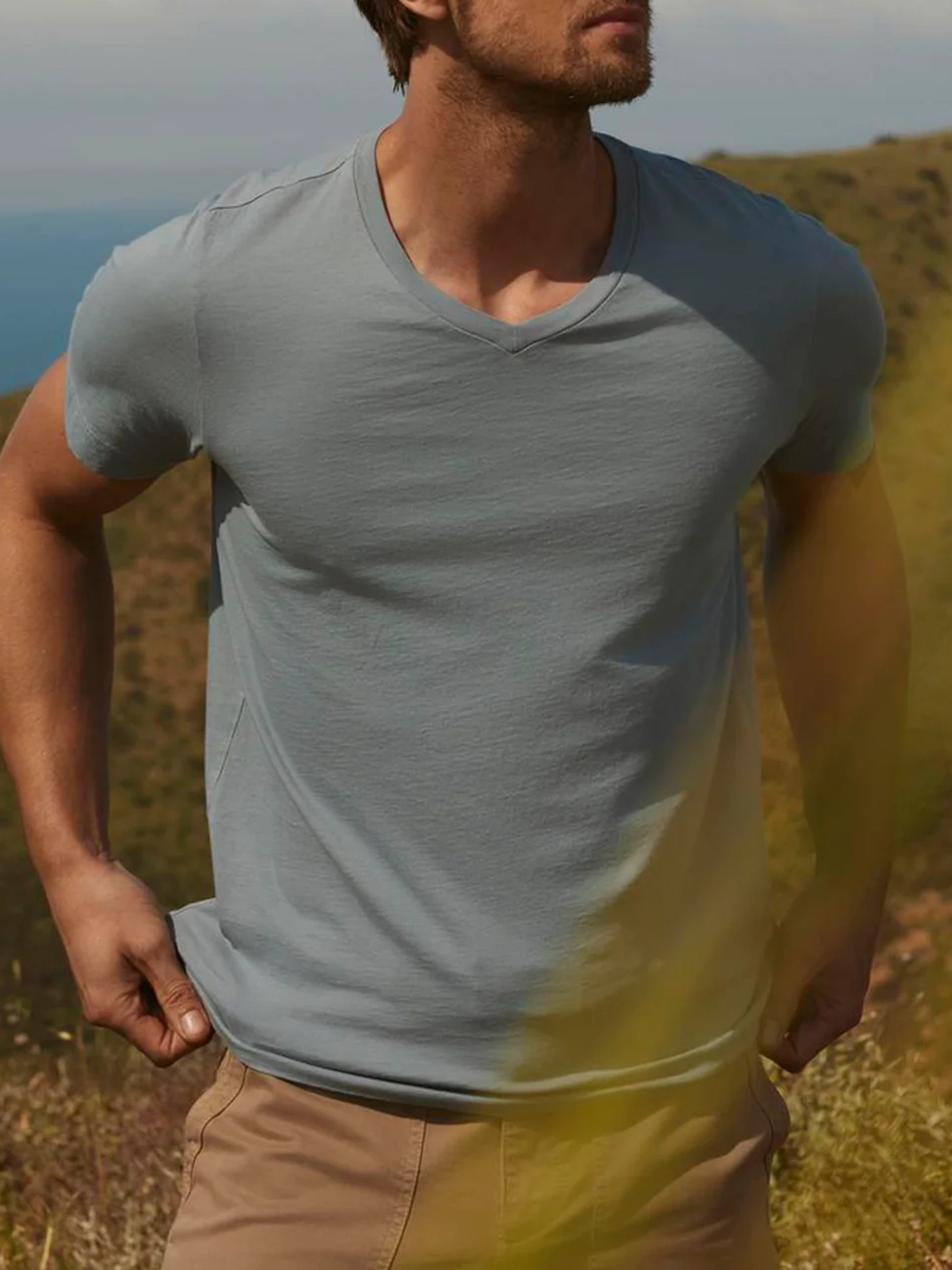 Men'S Fashion Cotton V-Neck Solid Short Sleeve T-Shirt