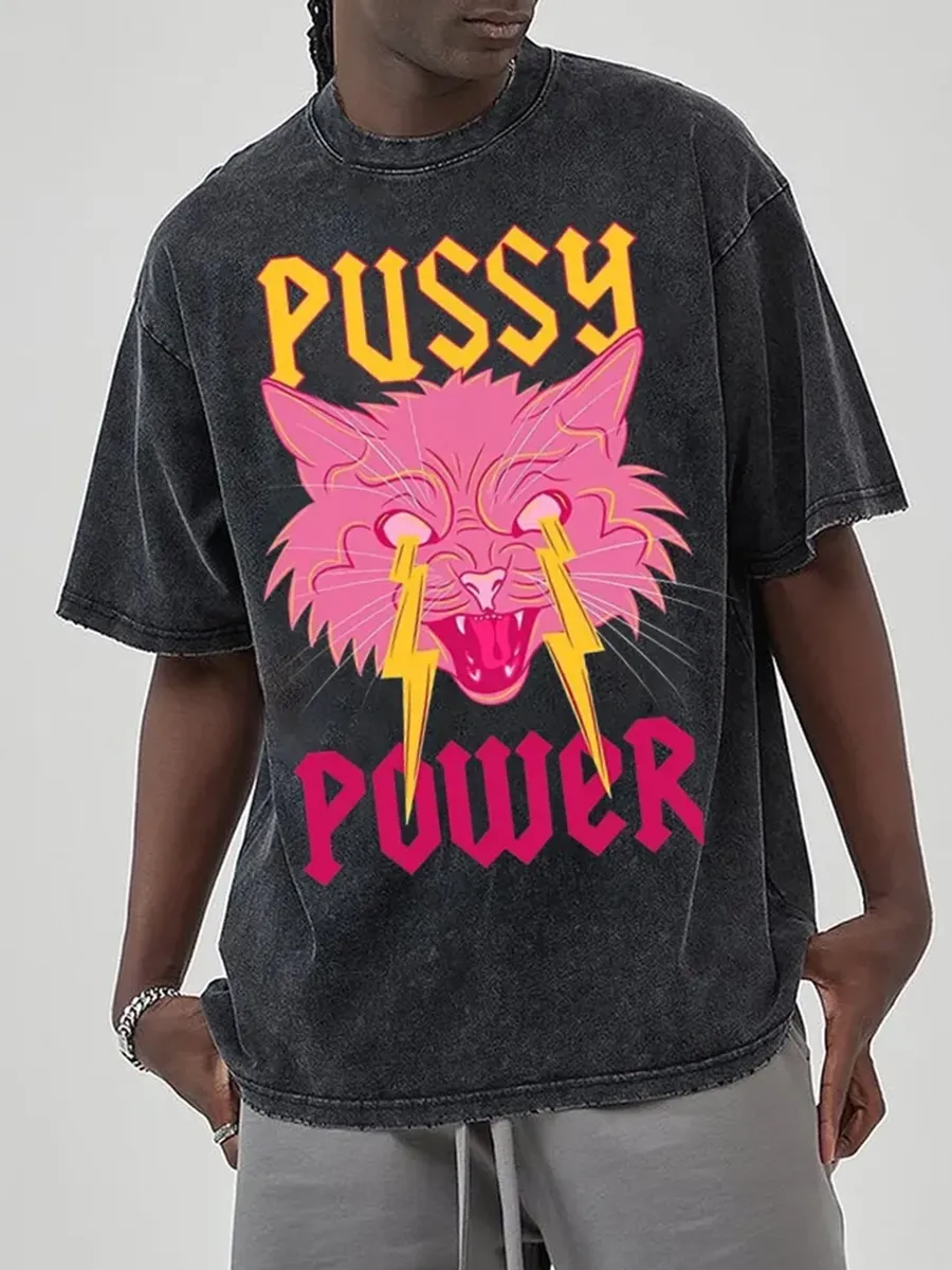 PUSSY POWER UNISEX VINTAGE SOLID WASH DENIM T-SHIRTS