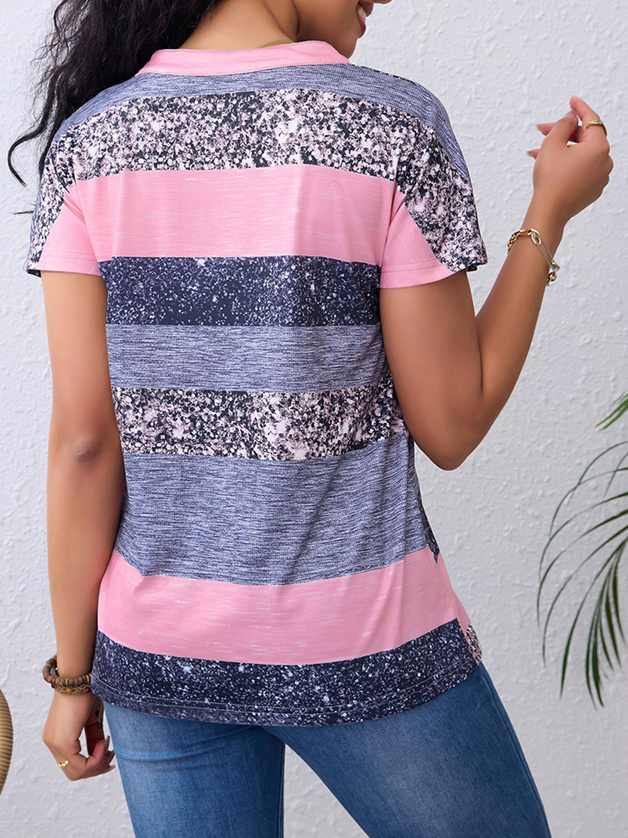 Short Sleeved Striped V Neck Casual Top