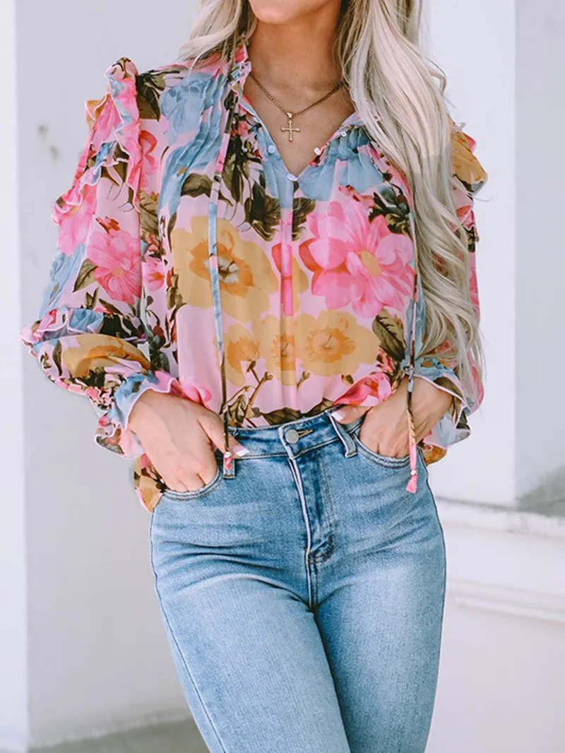 FLORAL PLEATED V NECK SHIFT CASUAL ELEGANT BLOUSE