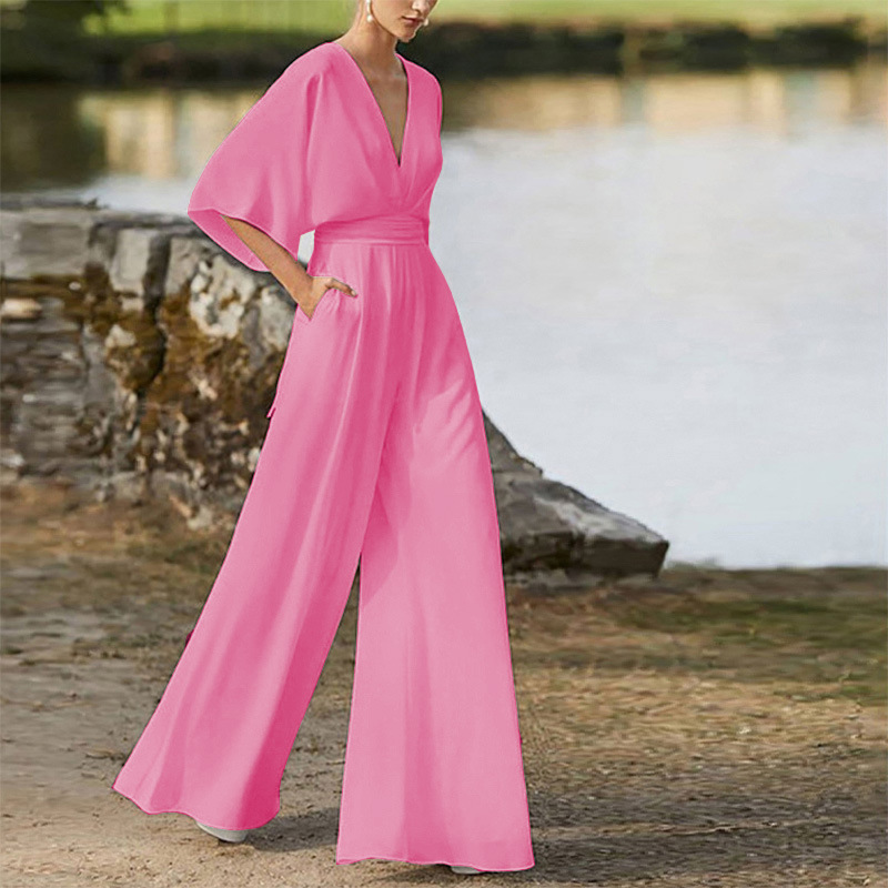 Deep V High Waisted Wide Leg Jumpsuit