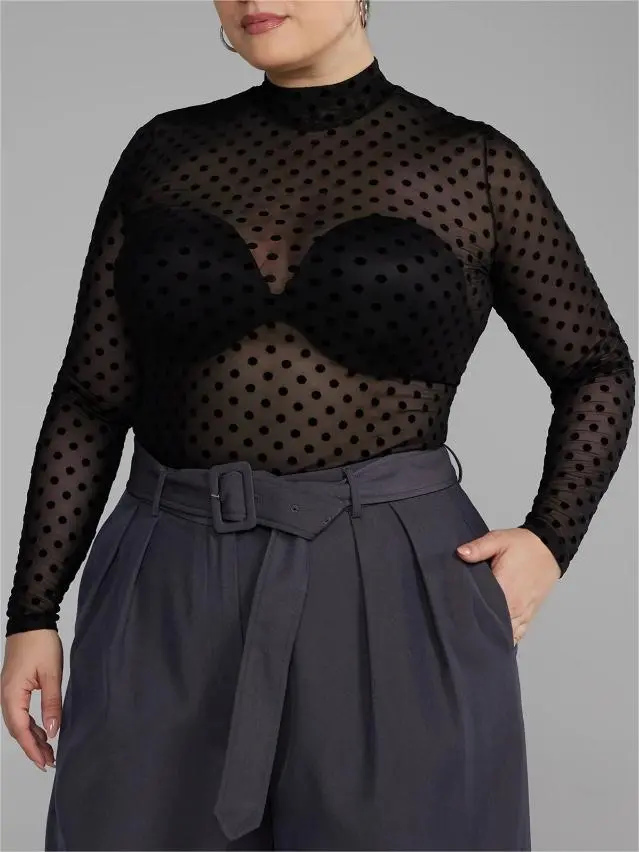 Mockneck Polka Dot Mesh Top