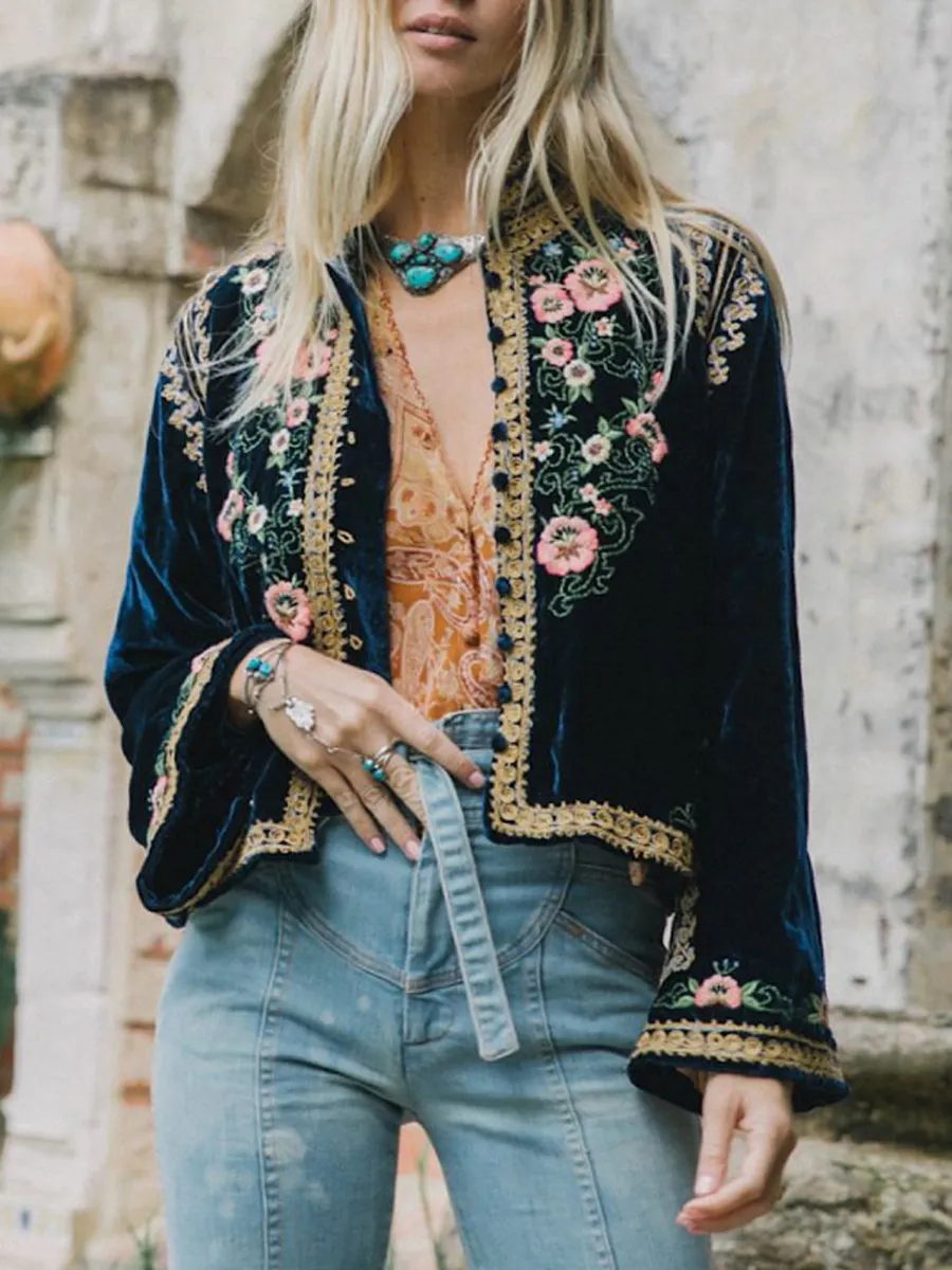 Ladies casual floral embroidered velvet cardigan