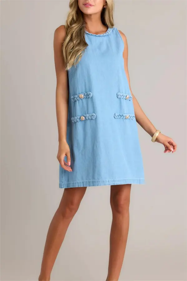 CHIC CHARM 100% COTTON LIGHT BLUE CHAMBRAY MINI DRESS