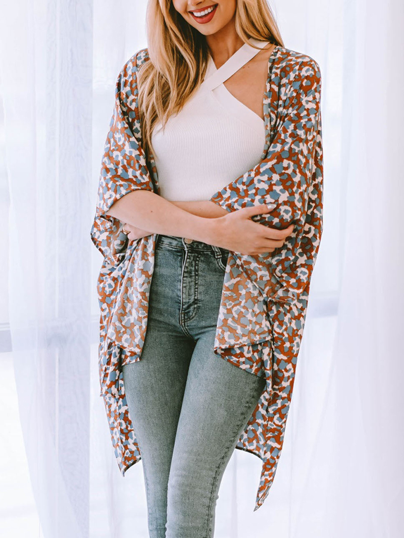 Printed Open Front Three-Quarter Sleeve Cover Up