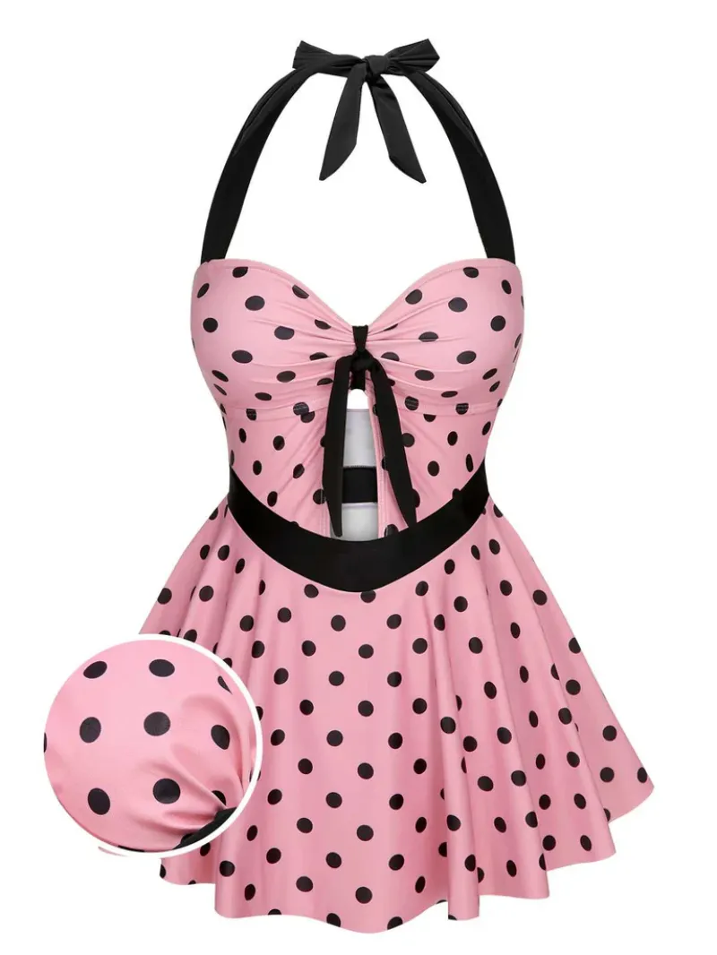 PINK 1950S HALTER POLKA DOTS ONE-PIECE SWIMSUIT