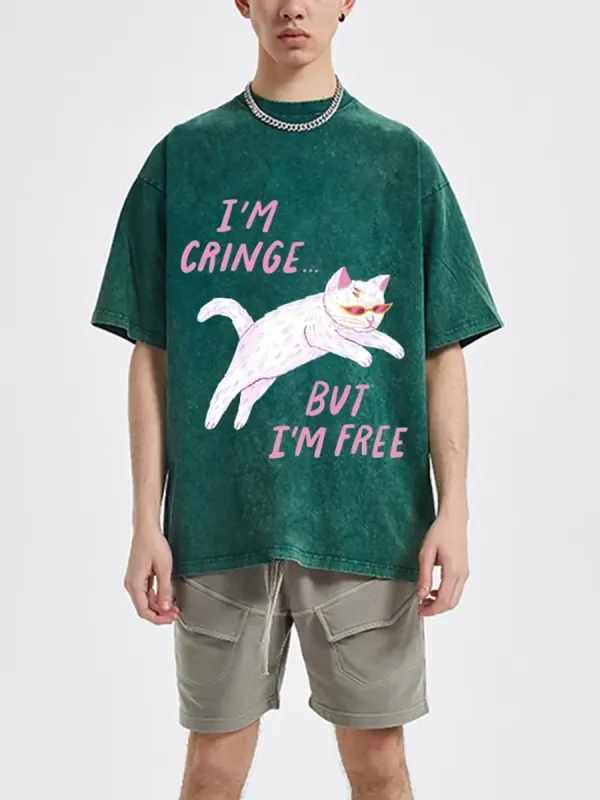 IM FREE UNISEX OVERSIZED PRINT VINTAGE WASH DENIM T-SHIRT