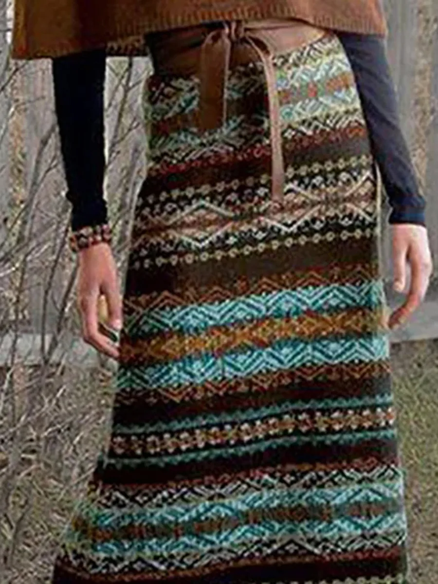 Vintage Ethnic Style Color Printed Knitted Skirt