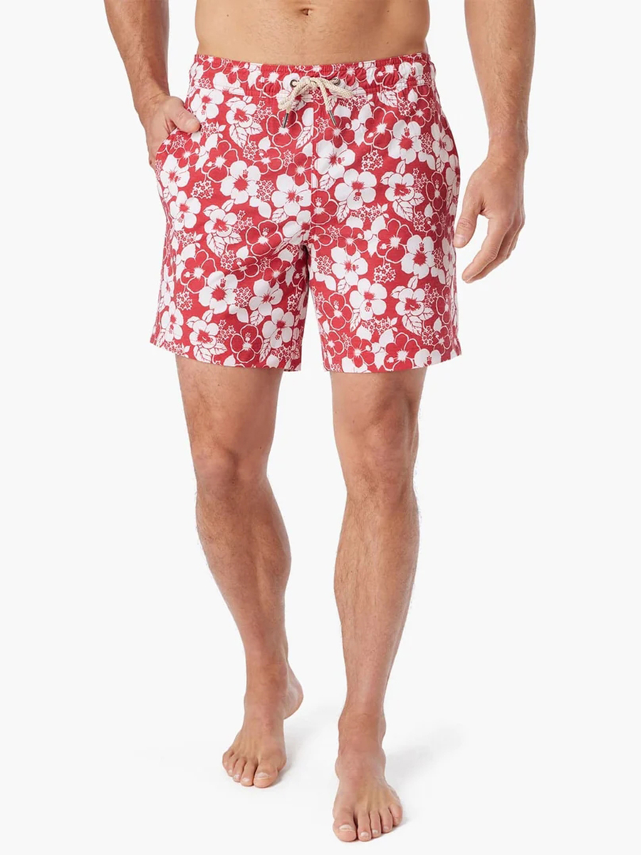 Men's Nautical Red-Stamped Hibiscus Beach Shorts