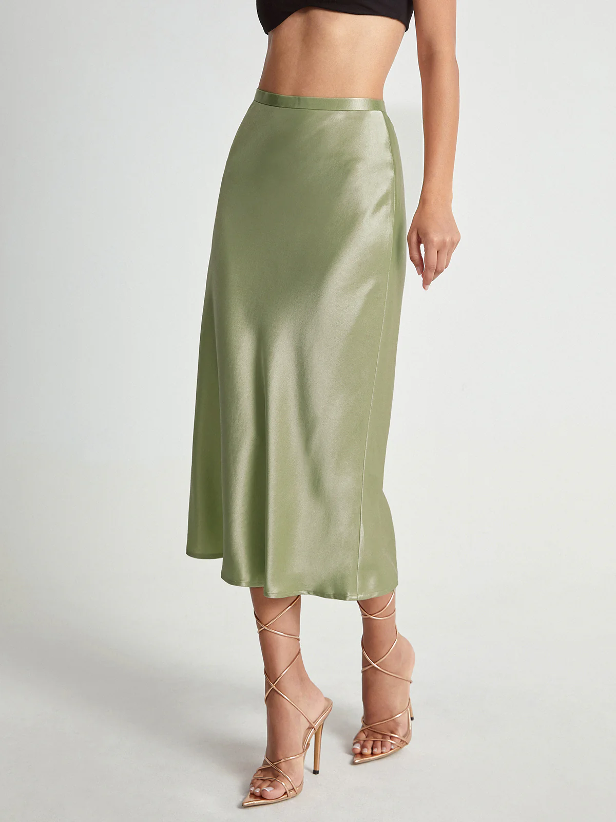 High Waisted Satin Flowy Midi Skirt