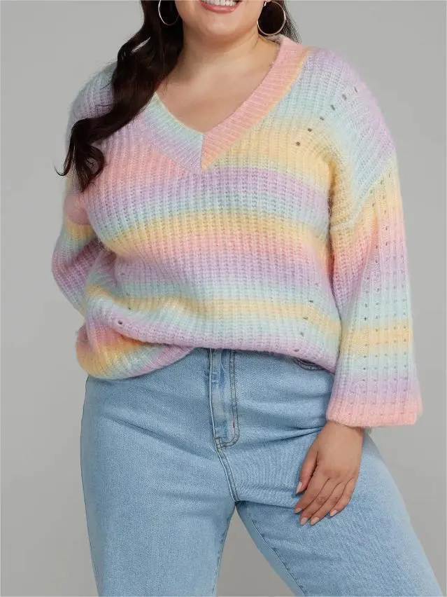 V-Neck Multicolor Striped Sweater