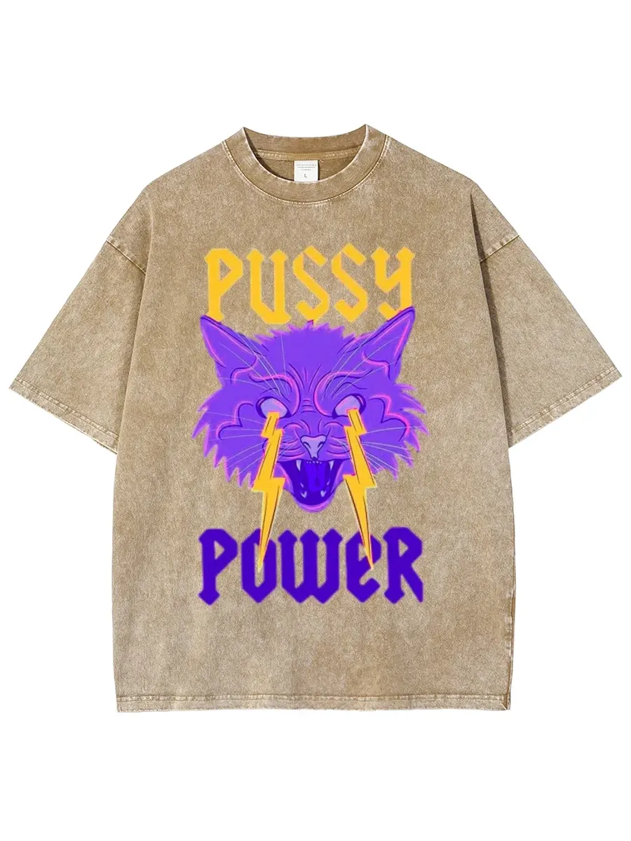 PUSSY POWER UNISEX OVERSIZED PRINT VINTAGE WASH DENIM T-SHIRT