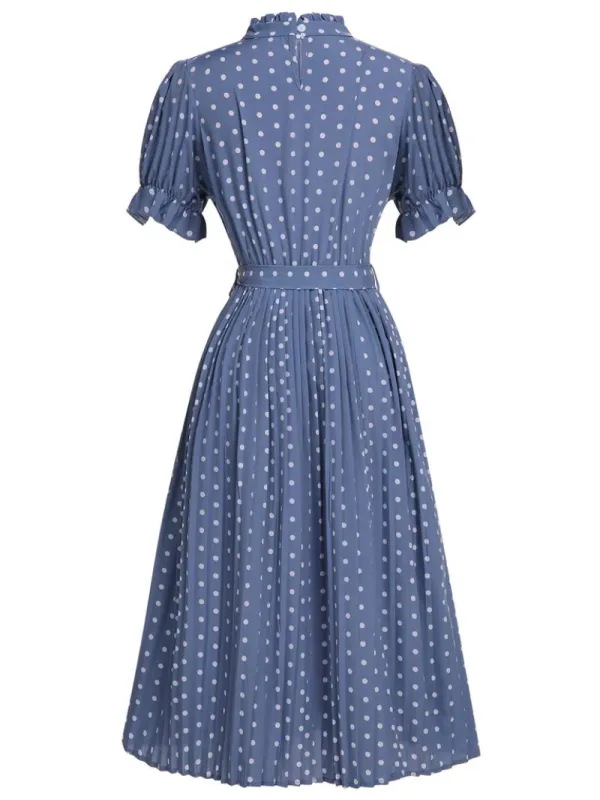 BLUE 1930S POLKA DOTS BOW TIE PLEATED DRESS