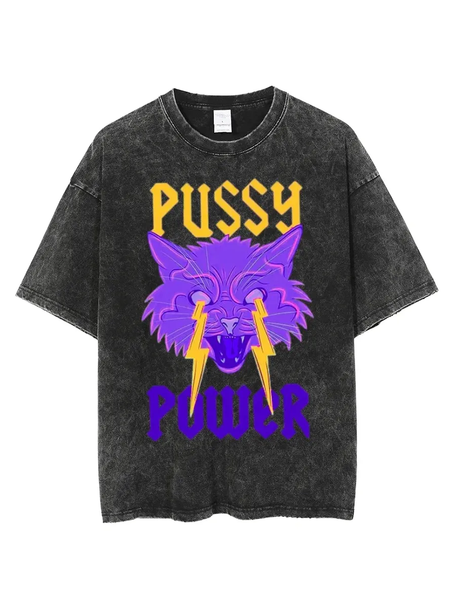 PUSSY POWER UNISEX OVERSIZED PRINT VINTAGE WASH DENIM T-SHIRT