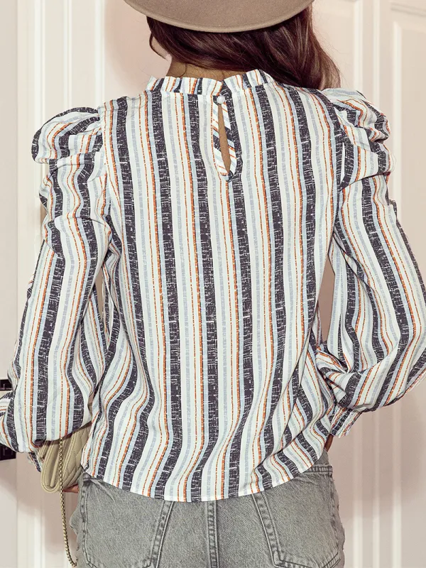 STRIPED SHIRRED ROUND NECK SHEATH CASUAL BOHO BLOUSE