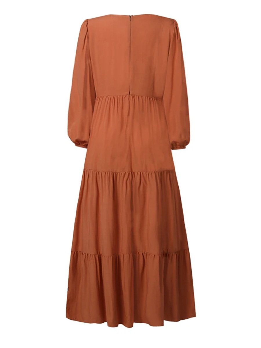 Women's Casual Swing V-neck Bubble Sleeve Long Pleated Dress