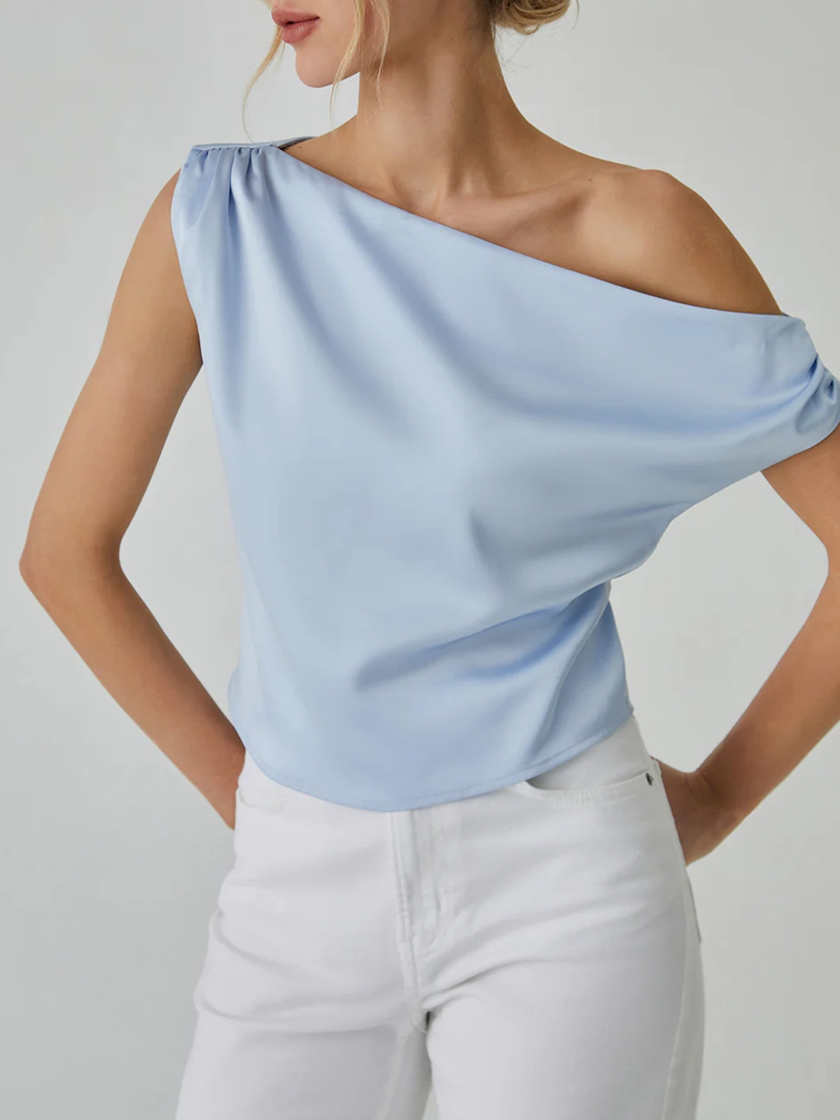 One Shoulder Off Knotted Blouse