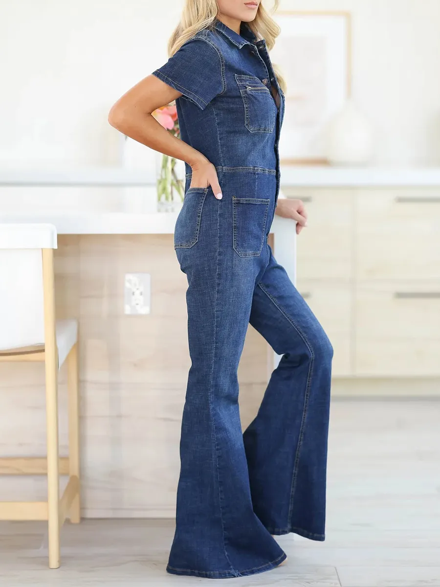 Dark washed short sleeved flared leg denim jumpsuit