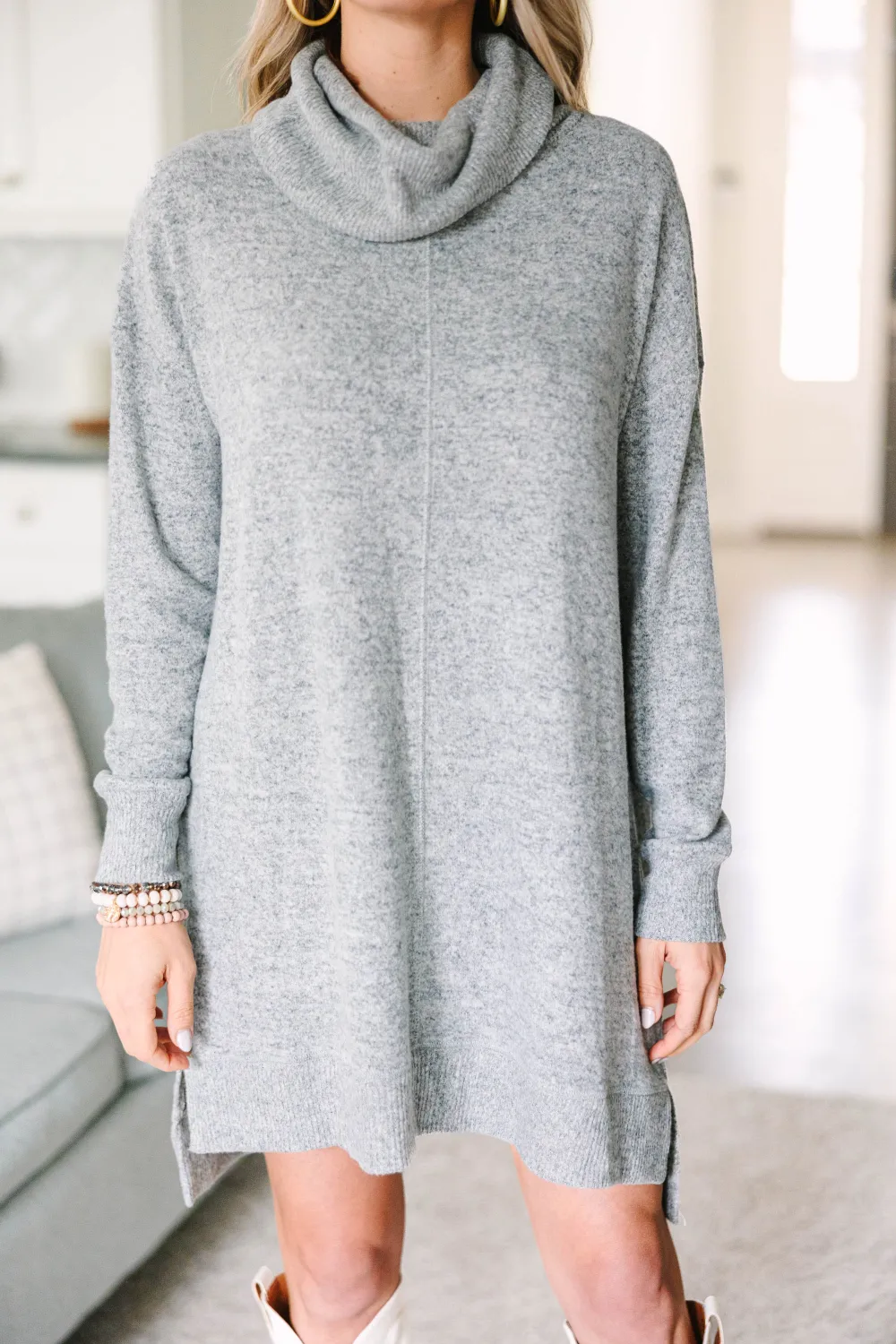 Let's See Heather Grey Cowl Neck Sweater Dress