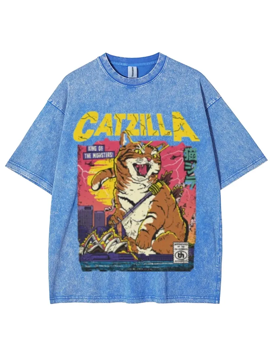 CATZILLA RETRO TITAN UNISEX VINTAGE SOLID WASH DENIM T-SHIRTS