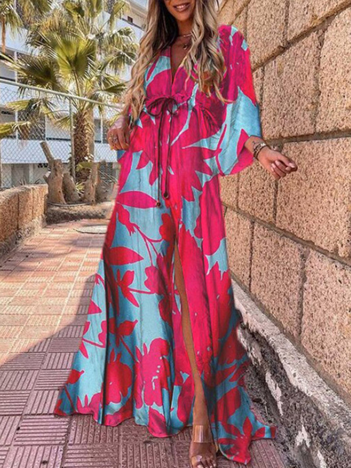 Holiday Style V Neck Slim Fit Printed Long Dress