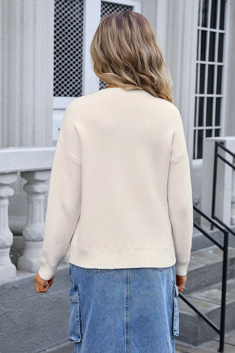 Colour Matching Bow Long Sleeve Sweater