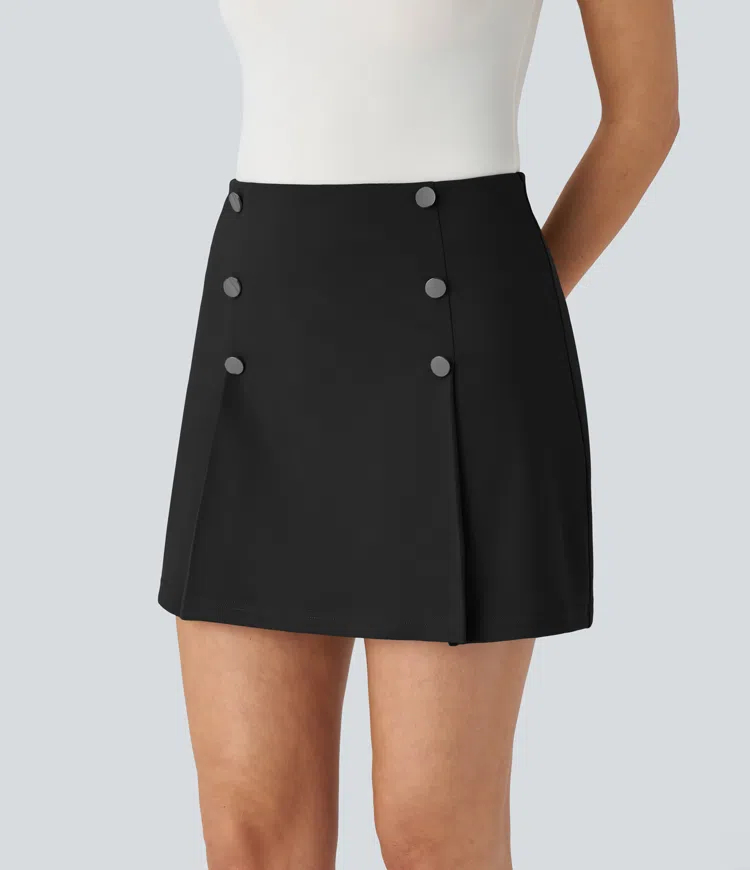 High Waisted Decorative Button 2-in-1 A Line Mini Work Skirt