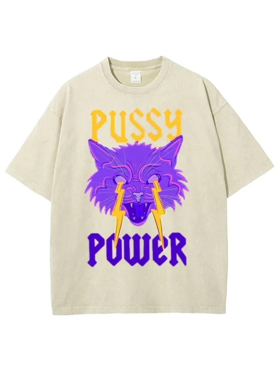 PUSSY POWER UNISEX OVERSIZED PRINT VINTAGE WASH DENIM T-SHIRT