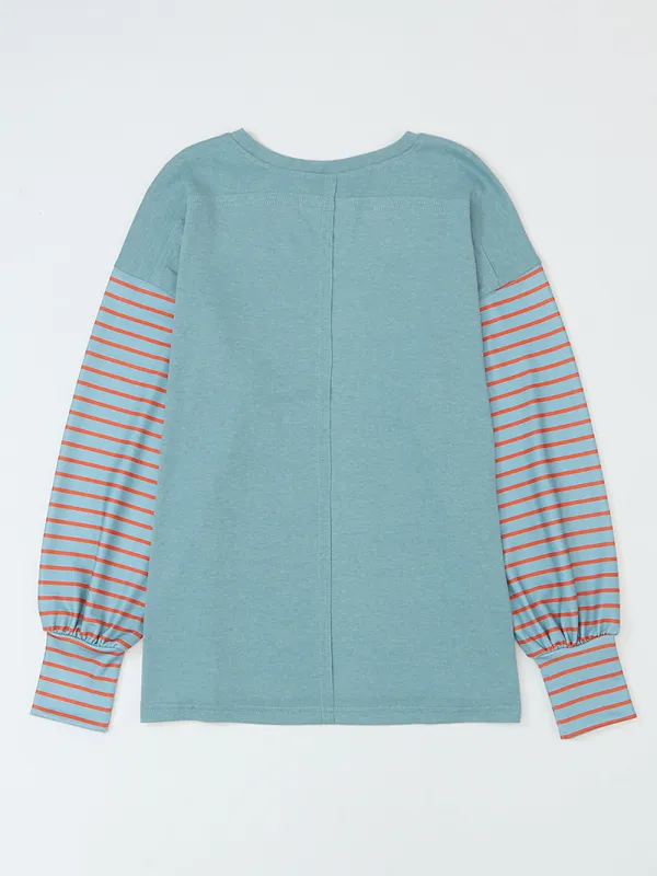 Green Colorblock Striped Bishop Sleeve Top