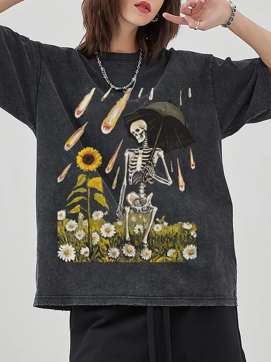 SUNFLOWER SKULL UNISEX VINTAGE WASH DENIM T-SHIRTS