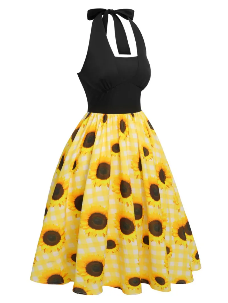 YELLOW 1950S SUNFLOWER PLAID HALTER DRESS