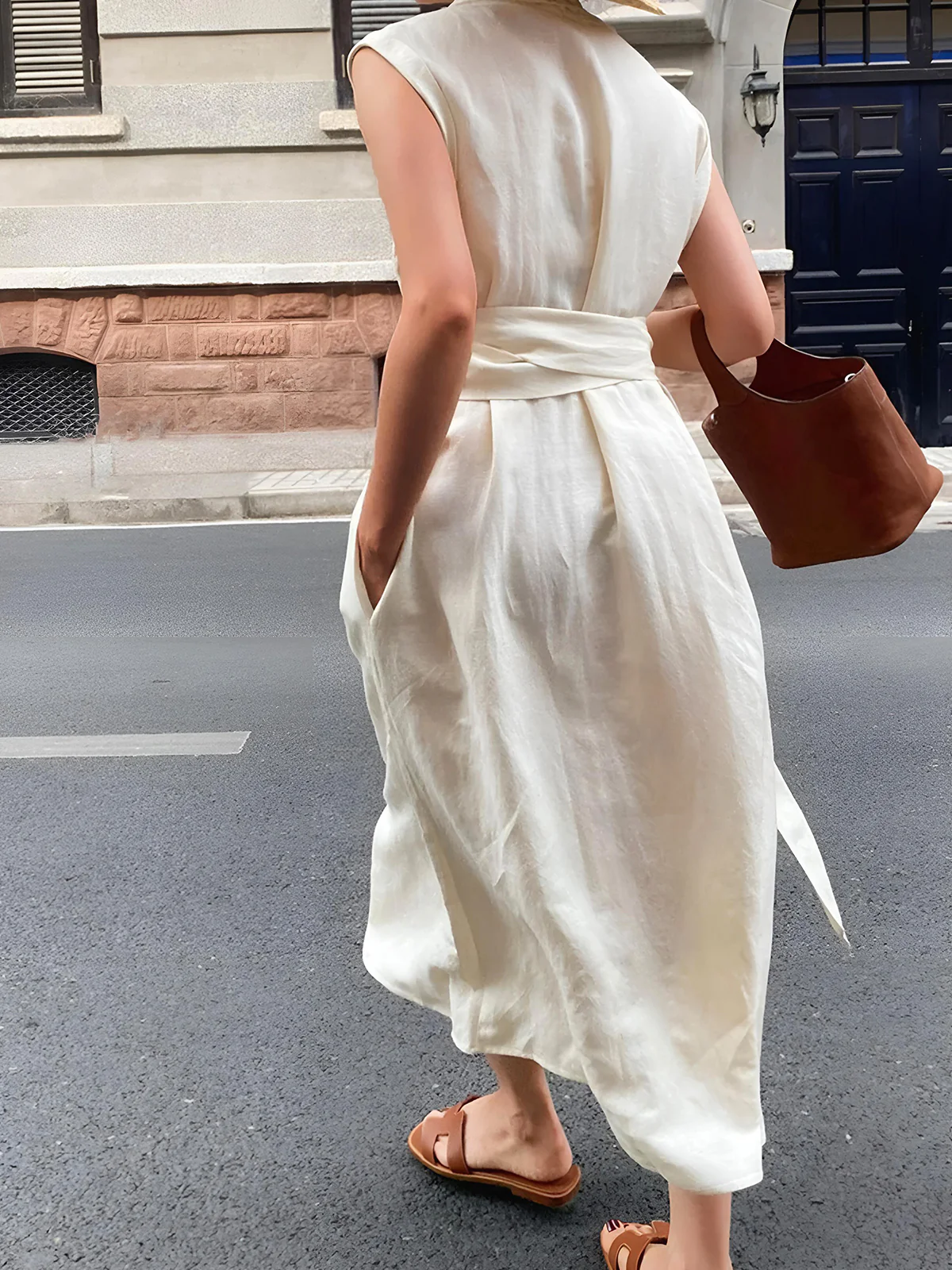 Cotton & Linen Belted Sleeveless Long Dress