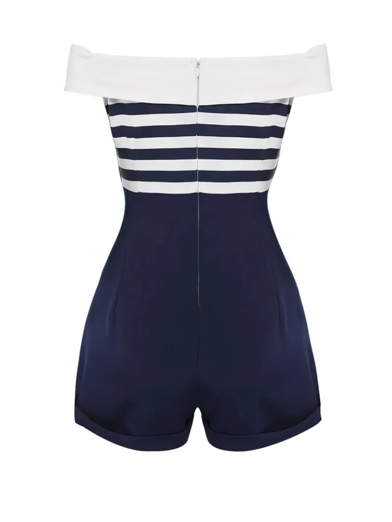 NAVY BLUE 1950S PATCHWORK OFF-SHOULDER STRIPED ROMPER