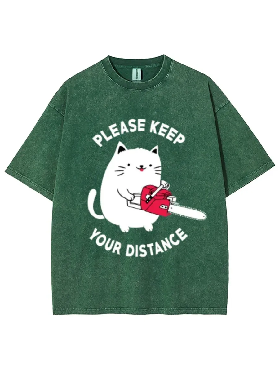 PLEASE KEEP YOUR DISTANCE UNISEX PRINTED RETRO WASHED SHORT SLEEVED T-SHIRT