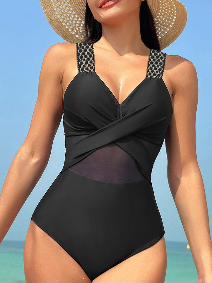 One-piece swimsuit for women solid color mesh bikini swimsuit