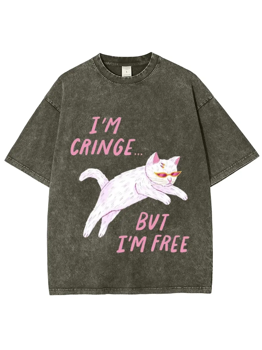 IM FREE UNISEX OVERSIZED PRINT VINTAGE WASH DENIM T-SHIRT