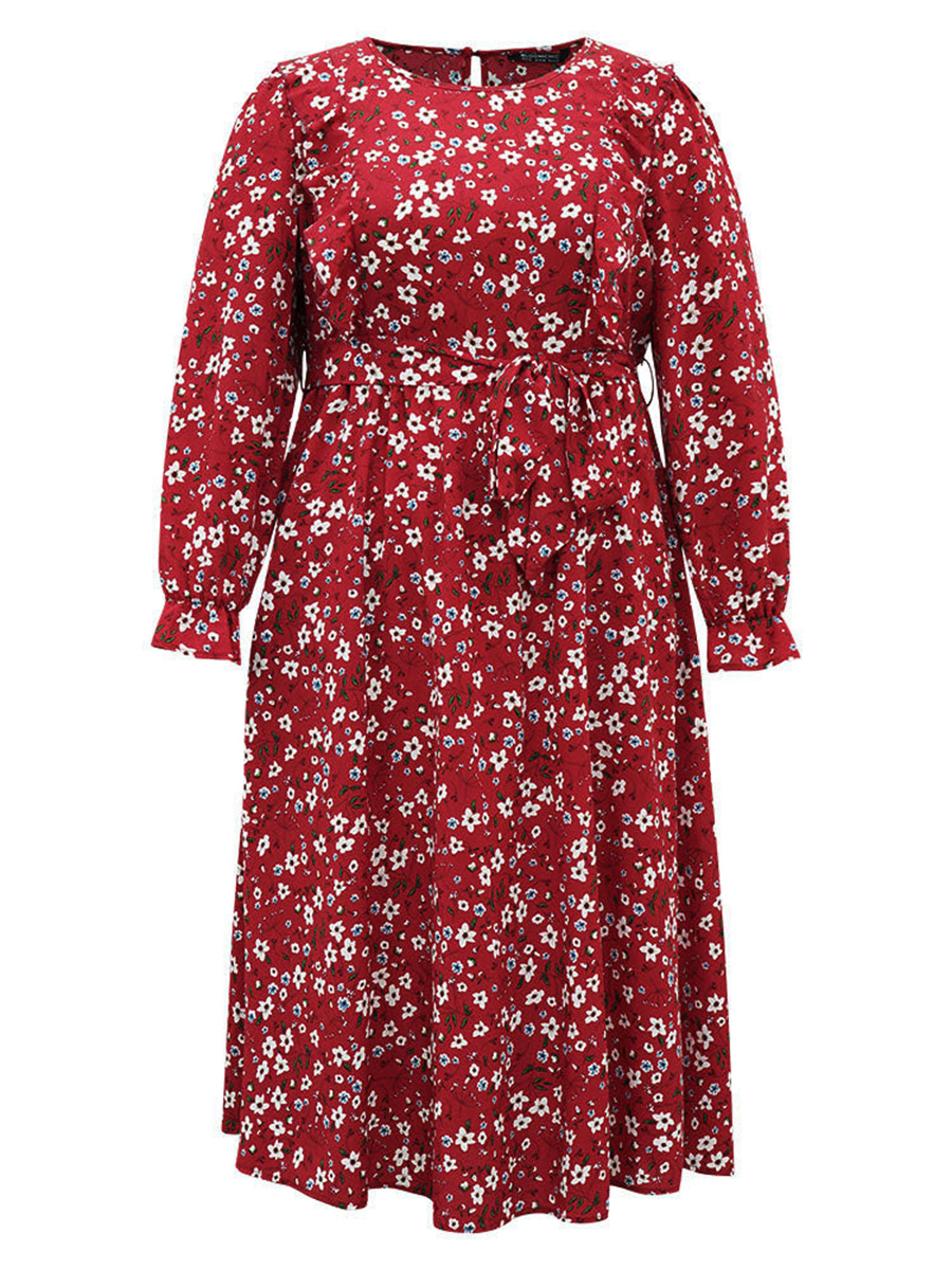 Red elegant advanced floral waist MIDI dress