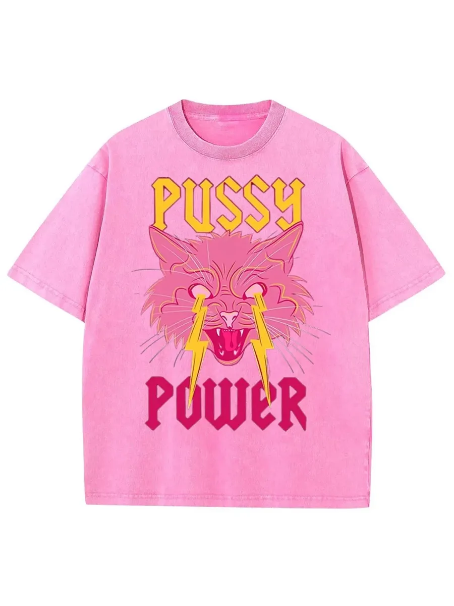 PUSSY POWER UNISEX VINTAGE SOLID WASH DENIM T-SHIRTS