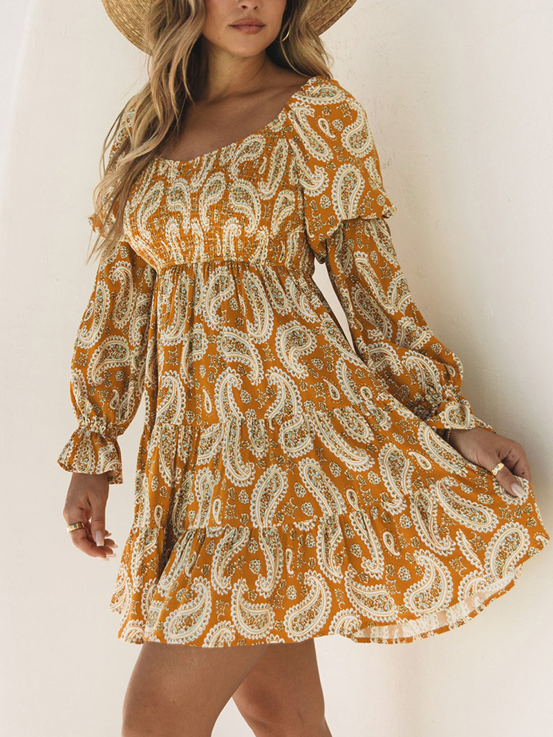 Yellow Boho Floral Collared Long Sleeve Ruffled Dress