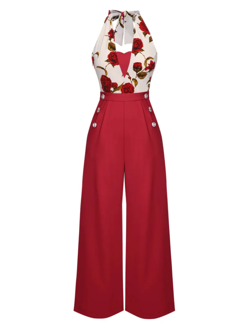 RED 1930S HALTER DEEP V-NECK ROSES JUMPSUIT