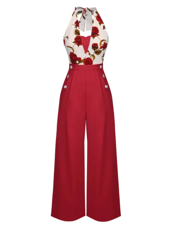 RED 1930S HALTER DEEP V-NECK ROSES JUMPSUIT