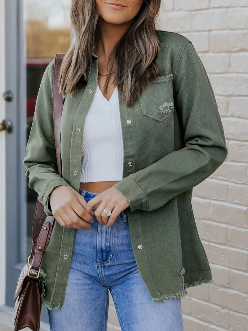 Casual solid color long sleeve denim jacket