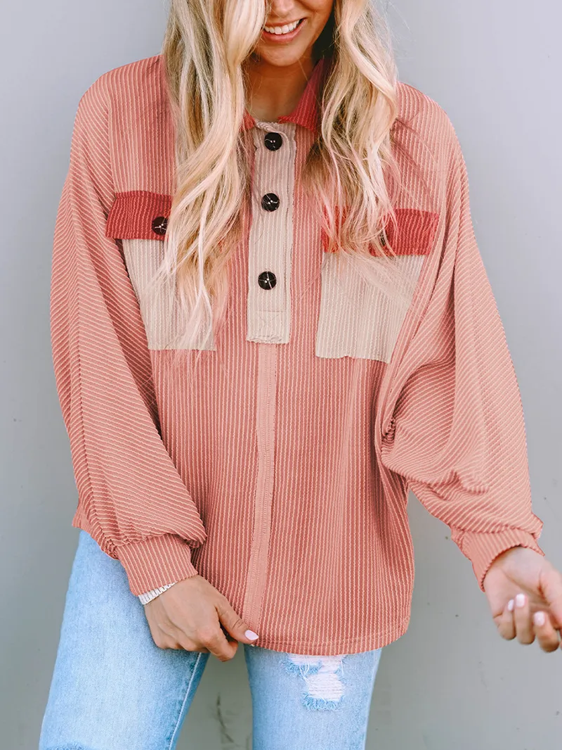 Contrast Corduroy Chest Pocket Button Top