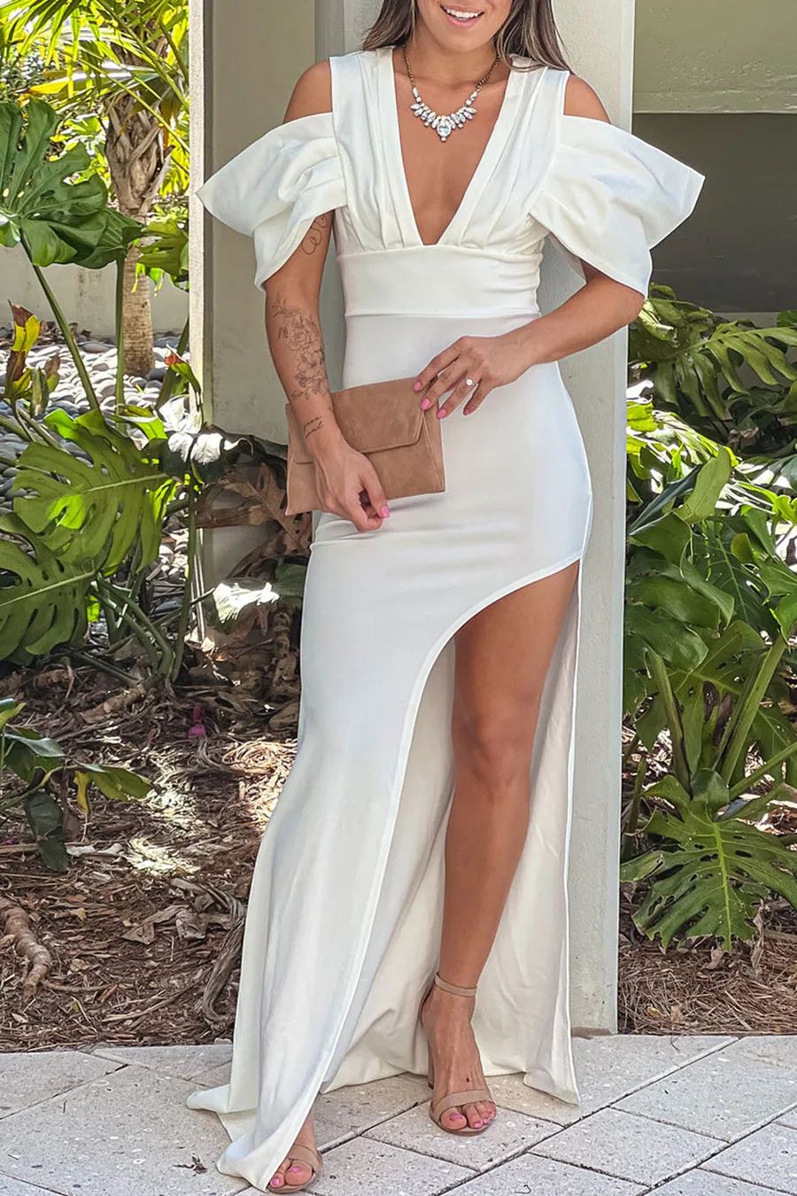 Ivory Open Shoulder Maxi Dress With Slit