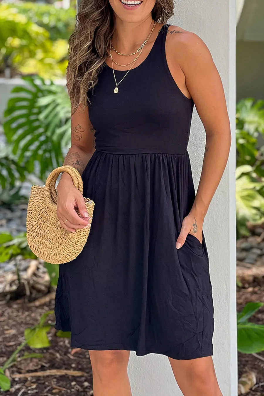 Black Racerback Short Dress With Pockets