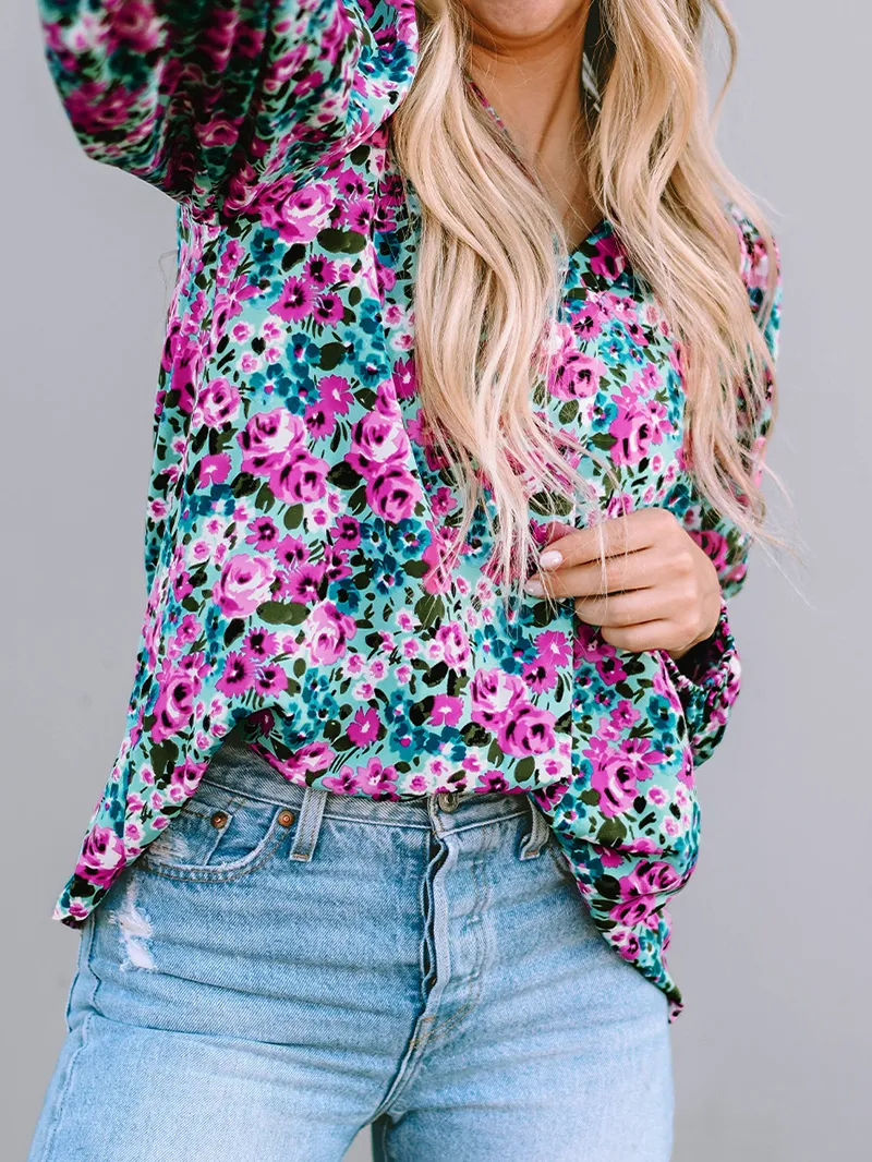 BOHO FLORAL PRINT V-NECK LONG SLEEVE BLOUSE