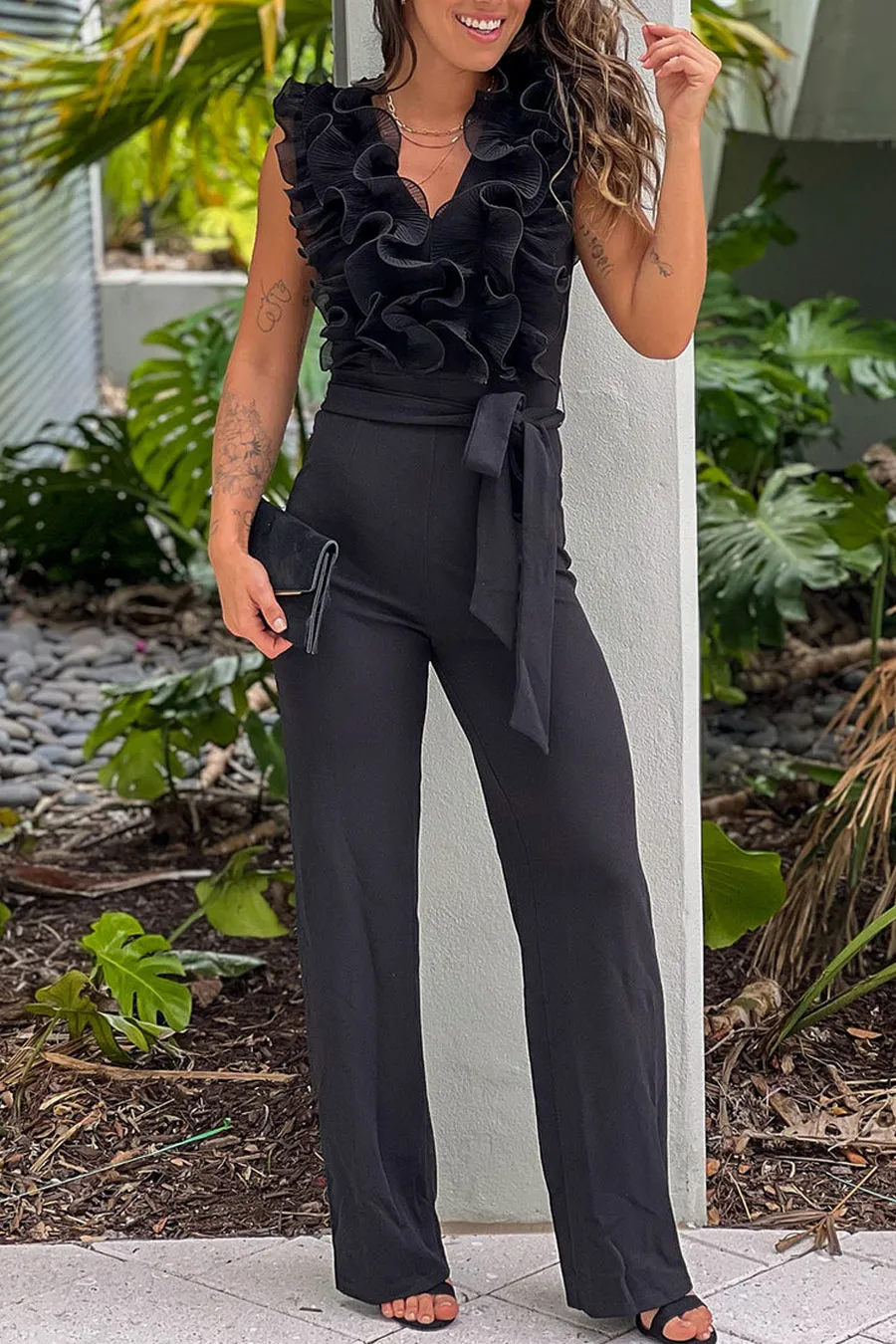 Black Jumpsuit With Ruffle Top